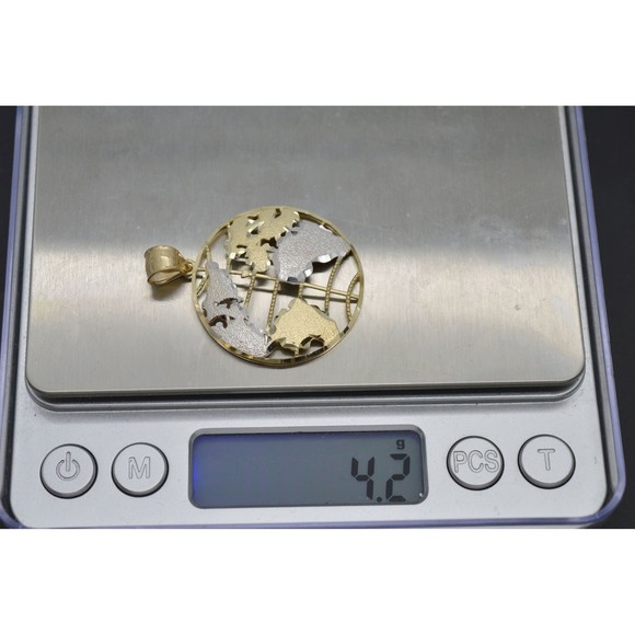 Real 10K Yellow White Gold Two-Tone Textured World Charm Pendant 4.2gram - Picture 5 of 7